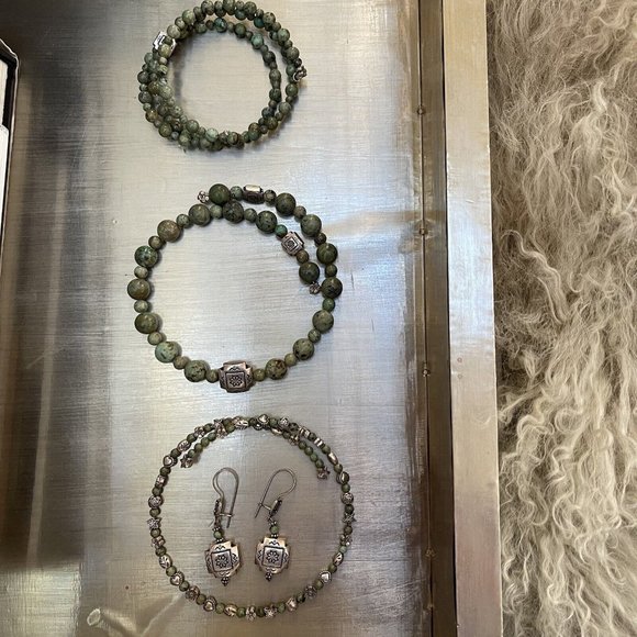 Sterling 925 Necklace Choker Bracelet Earrings Bracelet Set Southwest Green Boho